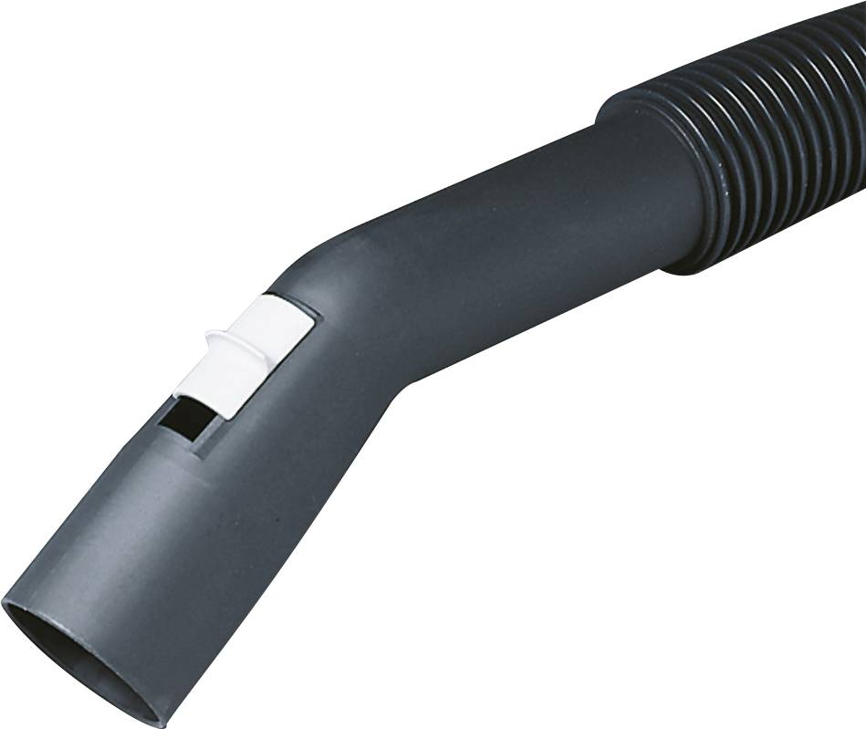Black vacuum cleaner hose with a white clip at the curved end, suitable for household vacuum cleaners.