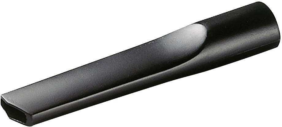 A black vacuum nozzle attachment, specially shaped for hard-to-reach areas.