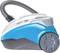 Blue and white vacuum cleaner with large wheel and flexible hose, 'Perfect Air' model, side view.