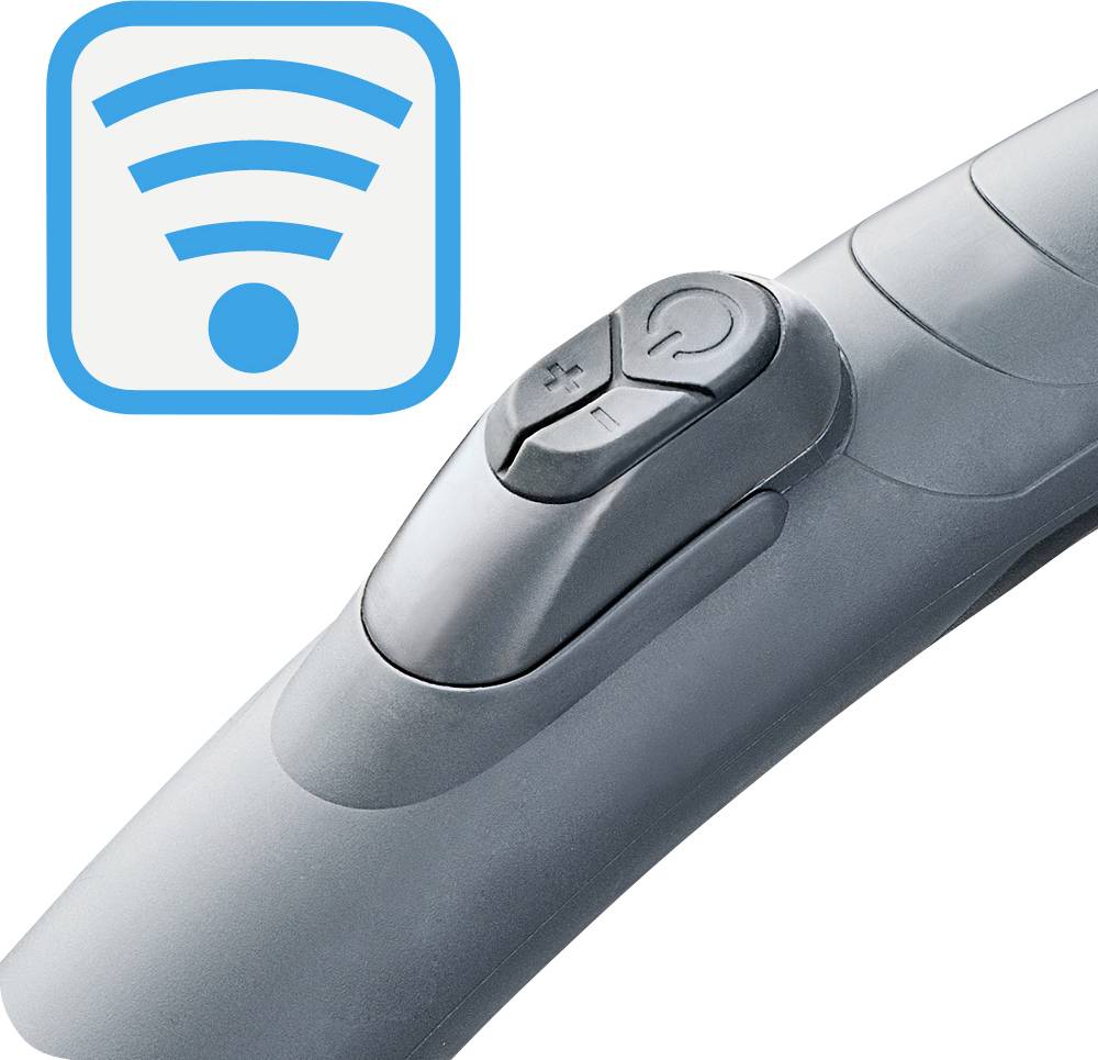 A grey remote control with plus and minus buttons, next to a symbol representing wireless signal transmission.