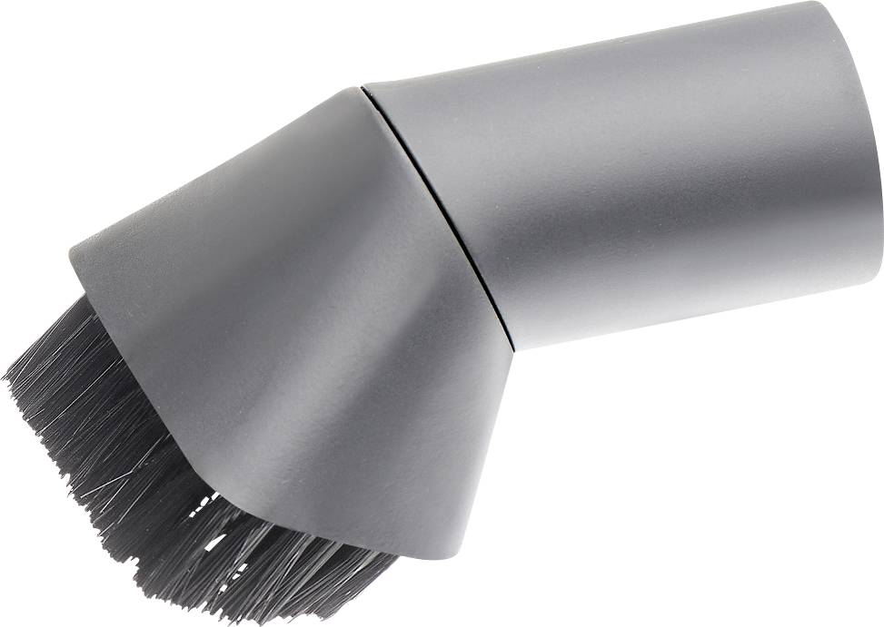 Grey vacuum cleaner nozzle with diagonally cut bristles, suitable for cleaning hard-to-reach areas.