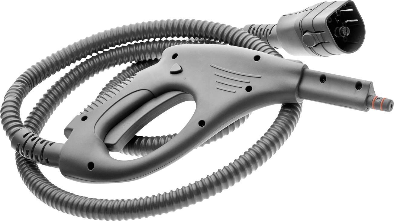 Black steam cleaning gun with long, flexible hose and bayonet connection, suitable for cleaning work.