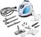Steam cleaner set with various attachments, hoses, a measuring jug and a microfibre cloth, designed for versatile cleaning.
