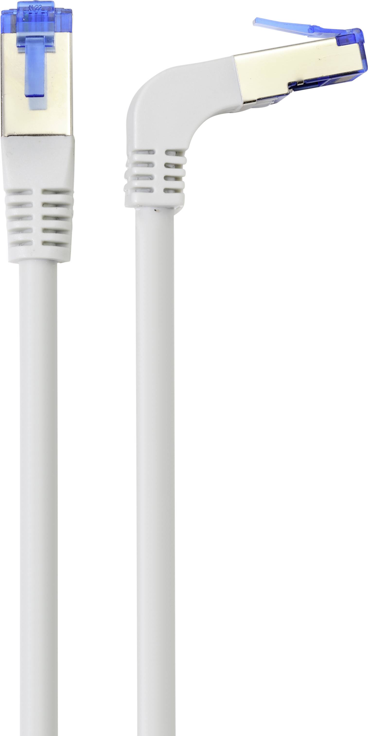 White network cable with an angled RJ45 plug on the left and a straight RJ45 plug on the right, both with blue clips.