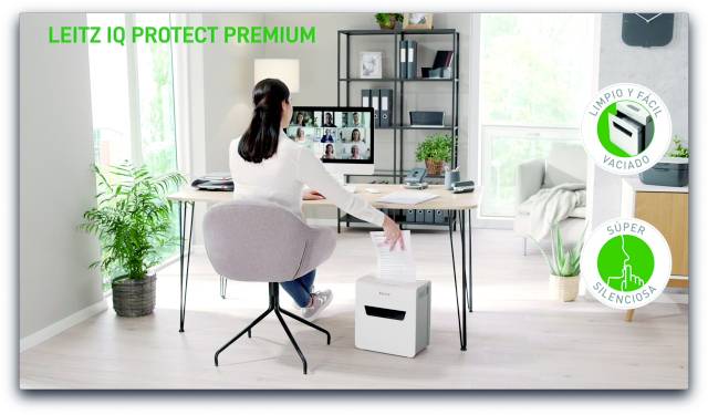 A person is using a shredder in a modern office. Text: 'LEITZ IQ PROTECT PREMIUM', symbols for quiet and easy emptying.