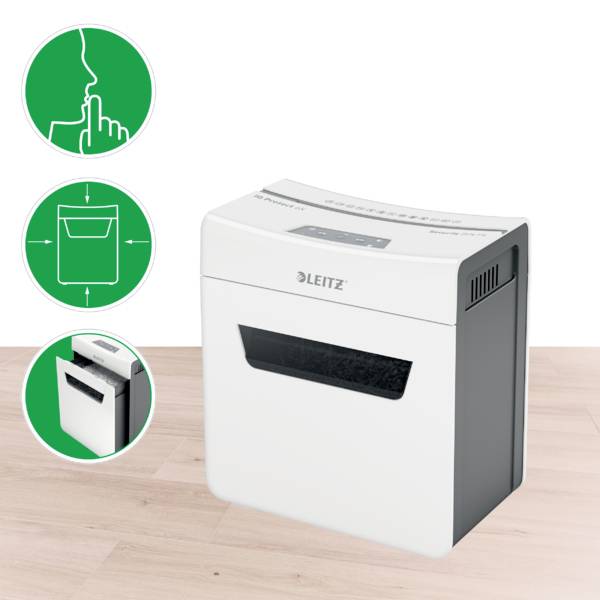 Paper shredder with security symbols in the top left corner. Suitable for office and home use, efficiently shreds paper.