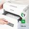 A paper shredder is shredding paper. The device is labelled 'Clean & Easy Emptying'. Beside it lies a stack of paper, marked with '150x A4'.