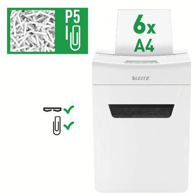 Electric paper shredder, cuts up to 6 A4 pages at P5 security level. Suitable for paper clips. Image shows cutting type.