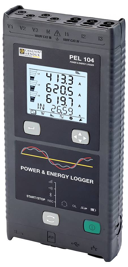 Device for energy and power monitoring with digital display, showing measurement values in watts. Suitable for use in electrical systems.