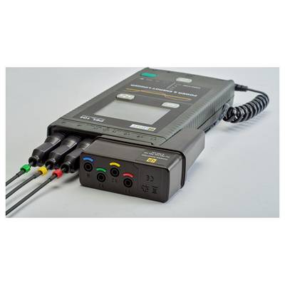 A portable electronic measuring device with multiple colour-coded cables, used for analysing electrical signals.