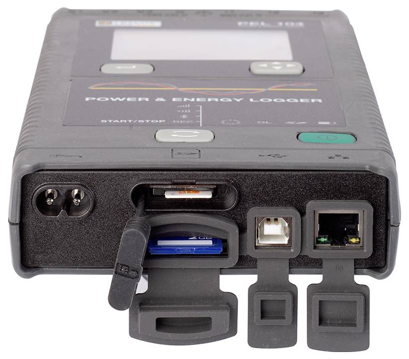 A portable "Power & Energy Logger" with multiple connection options, including USB and Ethernet, for data logging.