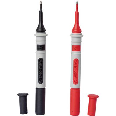 Two test probes, one black, one red, stand upright. They have removable caps at the lower end.