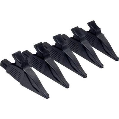 Five black clamp or clamping tools arranged in an even row, commonly used for securing objects.