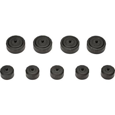 Ten black, round plastic feet arranged in two rows, with the upper row larger than the lower one. Suitable for furniture or equipment.