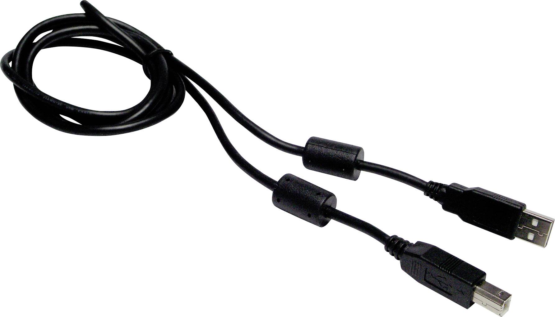 A black USB cable with two plugs at each end; suitable for connecting electronic devices.