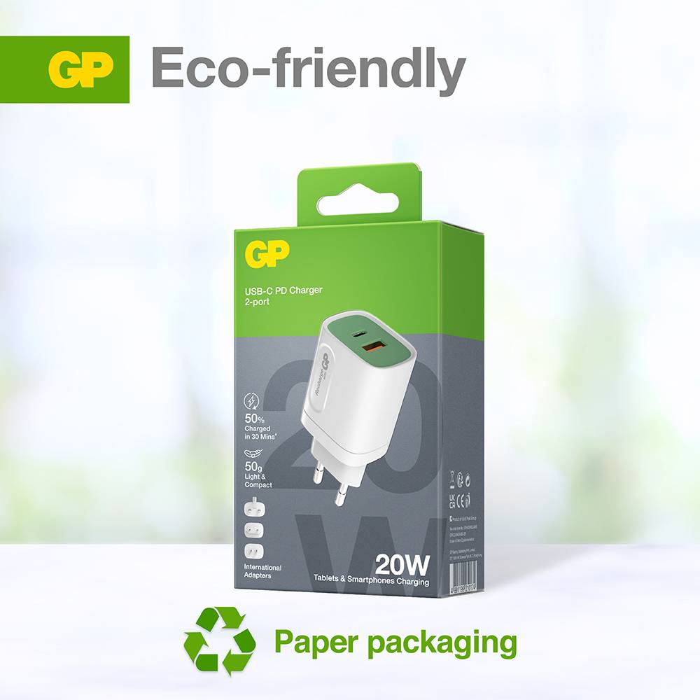 USB Charger by GP with Two Ports and 20W Power. Packaging made of paper with green design. Text: 'Eco-friendly'.