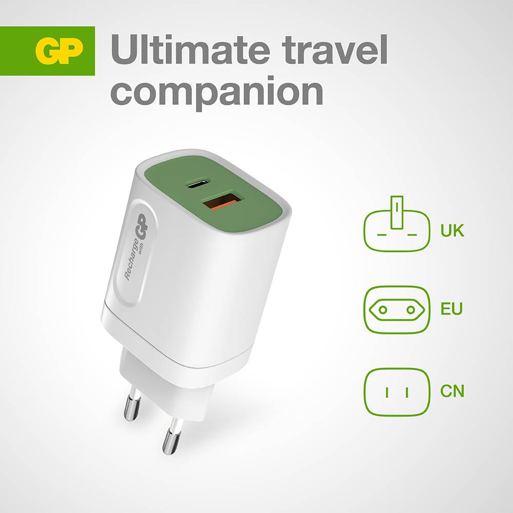 Travel adapter with UK, EU and CN power sockets, brand name 'GP' in the top left corner. Text 'Ultimate travel companion' to the right of the adapter.