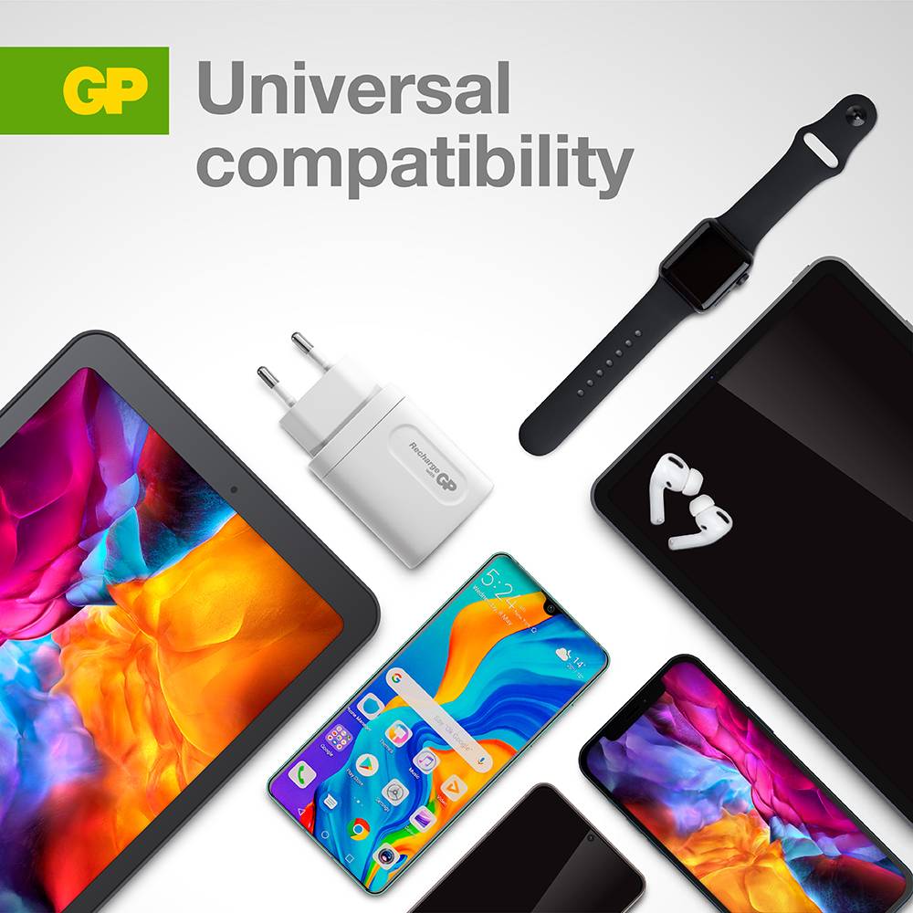 Electronic device set with tablet, mobile phone, smartwatch, earphones and charger, with the text 'Universal compatibility' beside it.