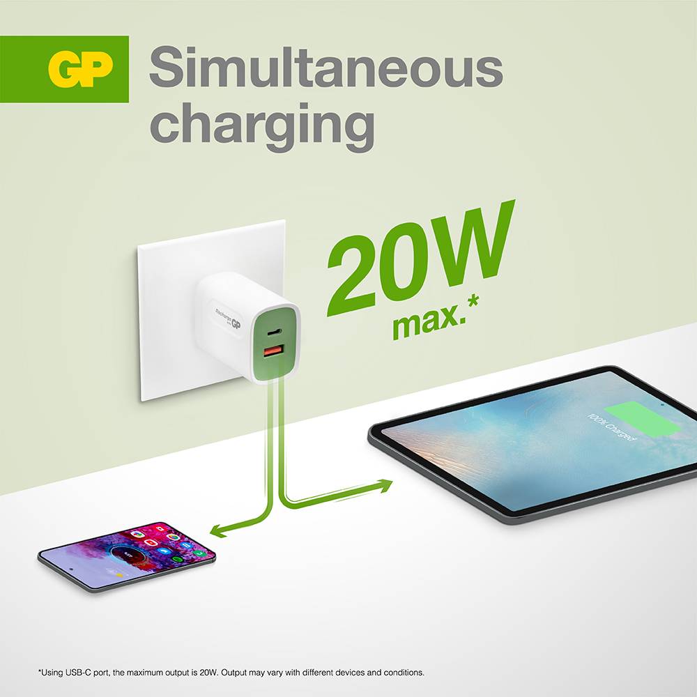 A charger with USB-C and USB-A ports demonstrates the ability to charge two devices simultaneously, displaying '20W max.*' on the screen.