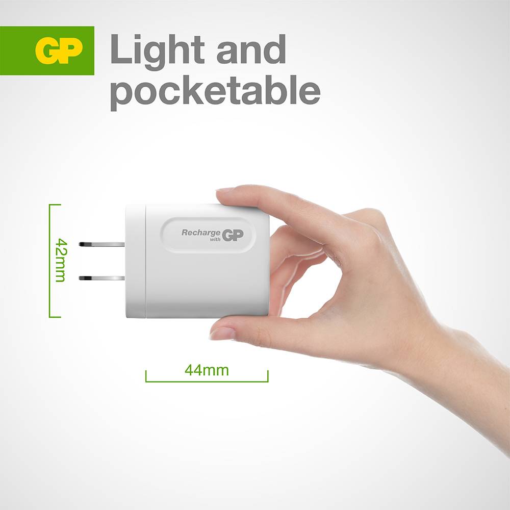 A hand is holding a white charger with the inscription 'Recharge'. It is 44 mm wide and 42 mm long. Text says 'Light and handy'.
