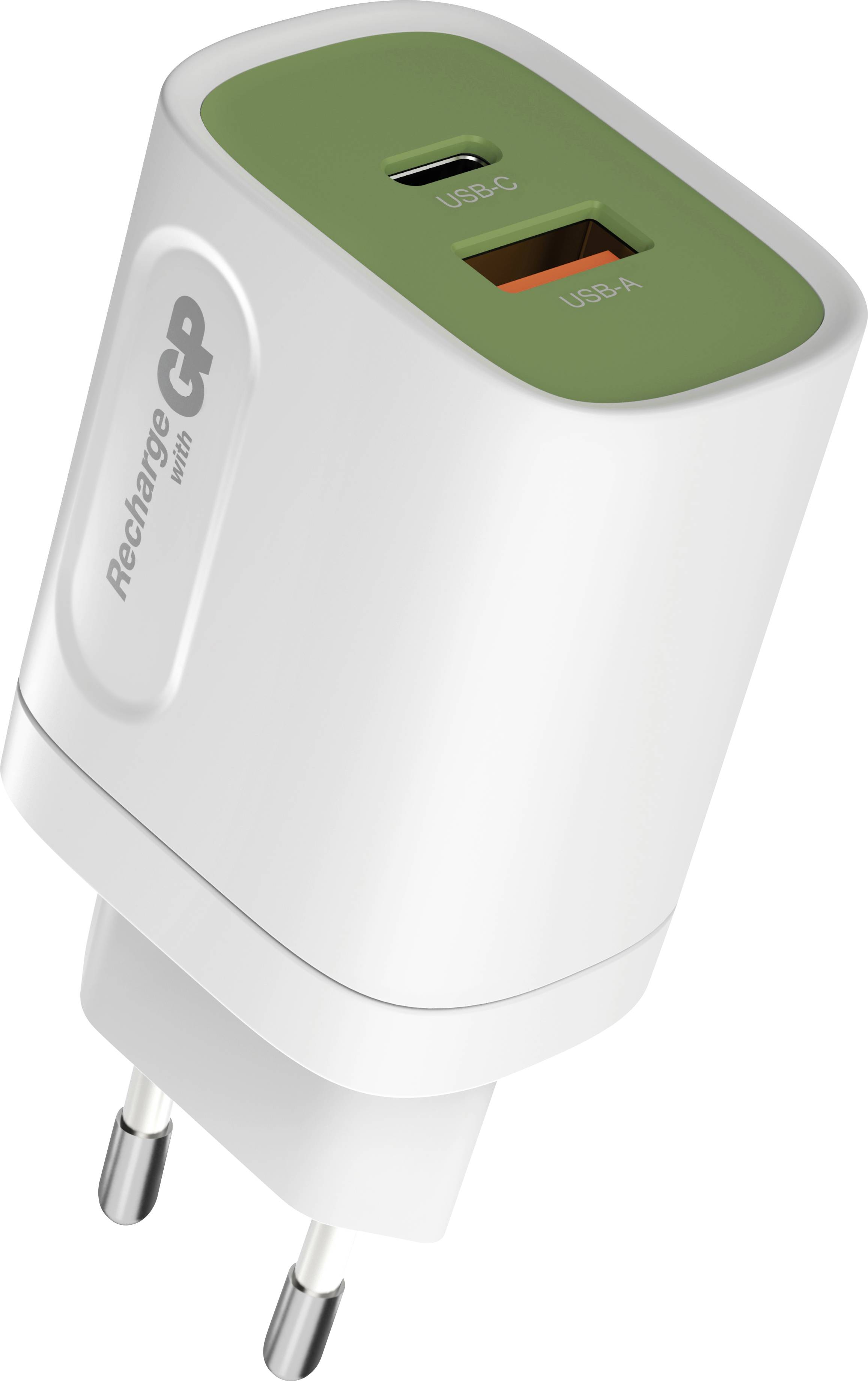 A USB charger with two ports, USB-C and USB-A, on a white background. The charger is white with green details.