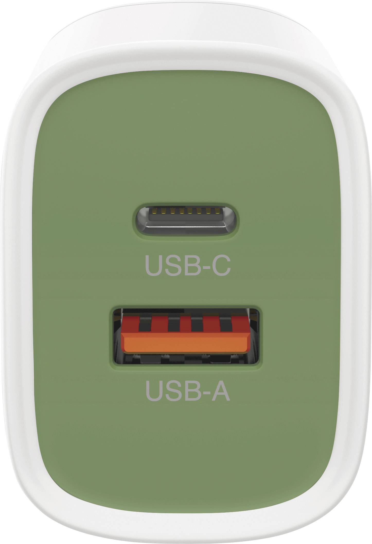 A charger with two ports: a USB-C port at the top, and a USB-A port at the bottom with a red interior.