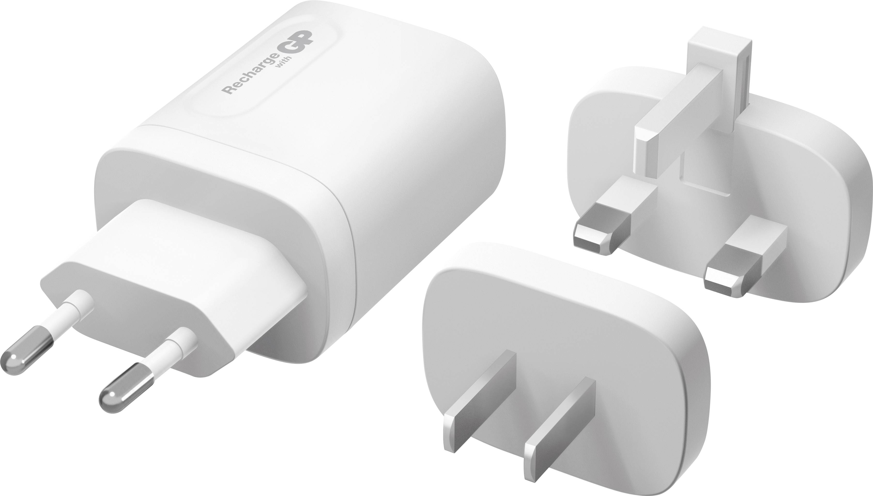 White charger with two different plug adapters, European and British standard.