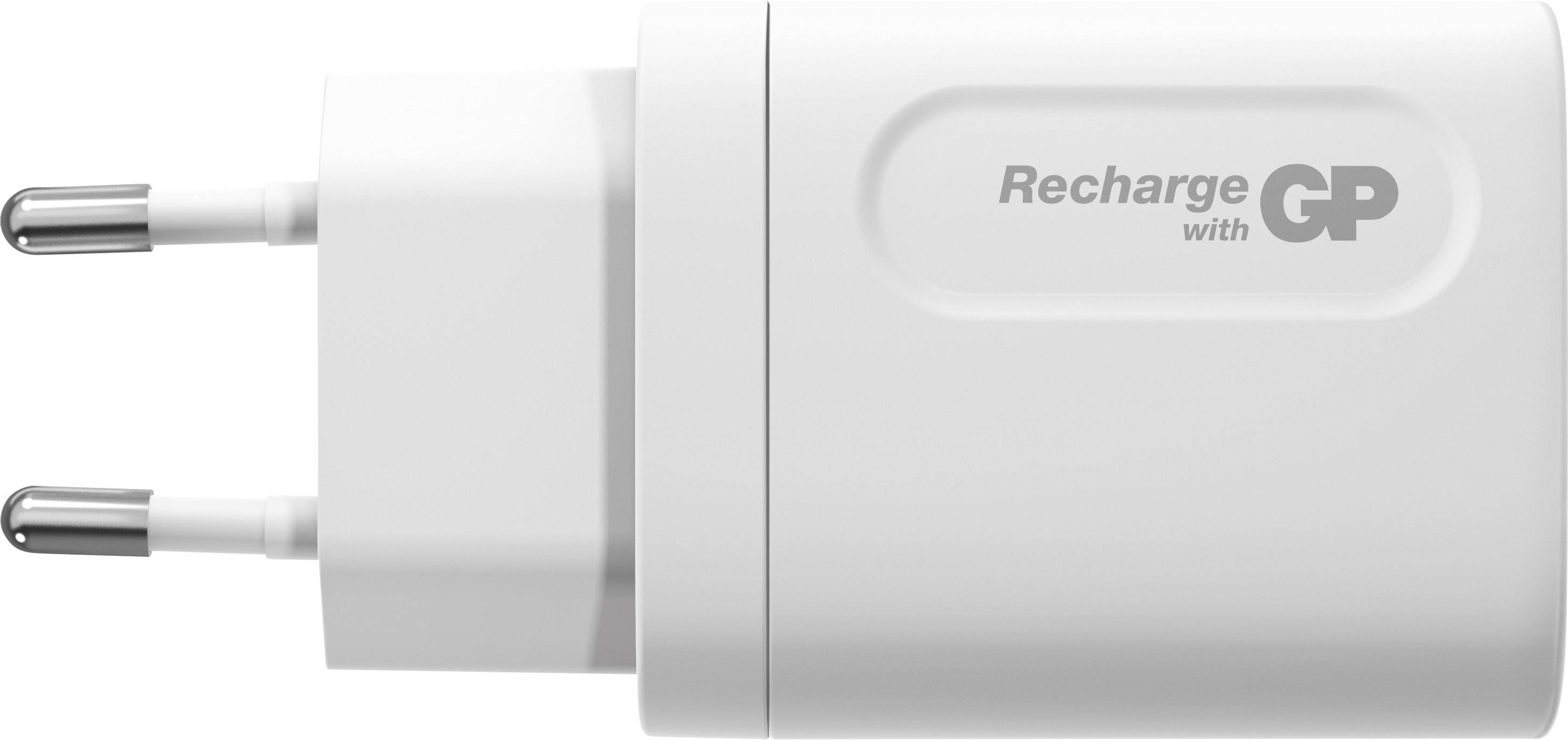 White plug-in charger with 'Recharge with GP' printed on the side, suitable for European power sockets.