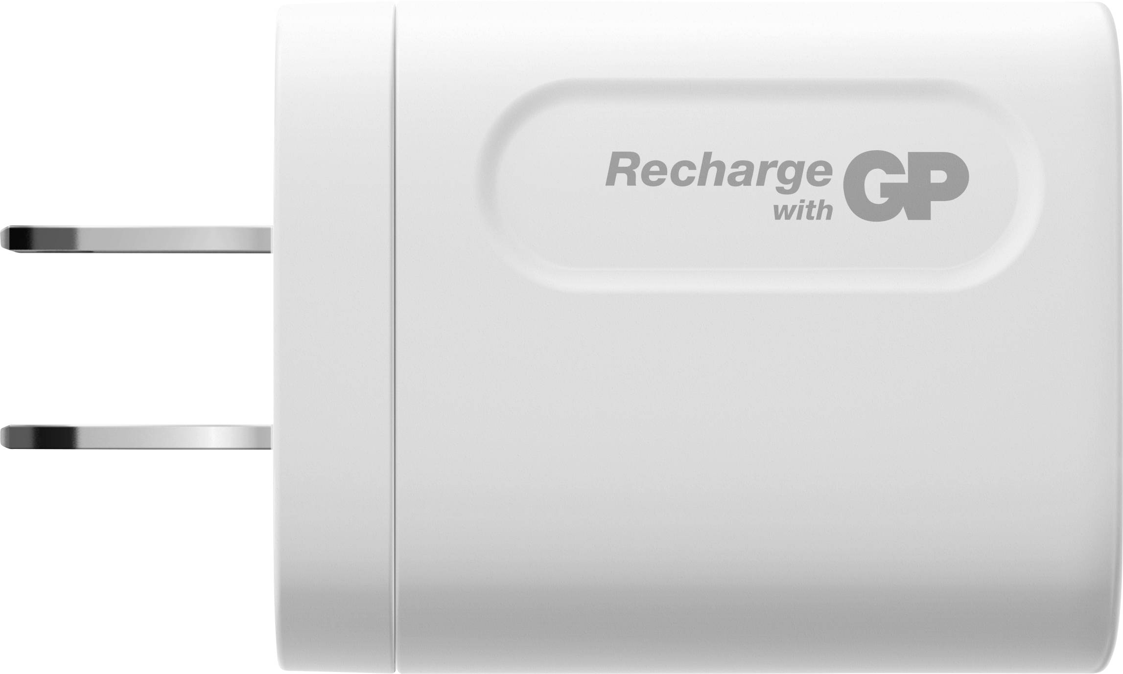 A white plug-in charger with two metal pins, labelled 'Recharge with GP'.