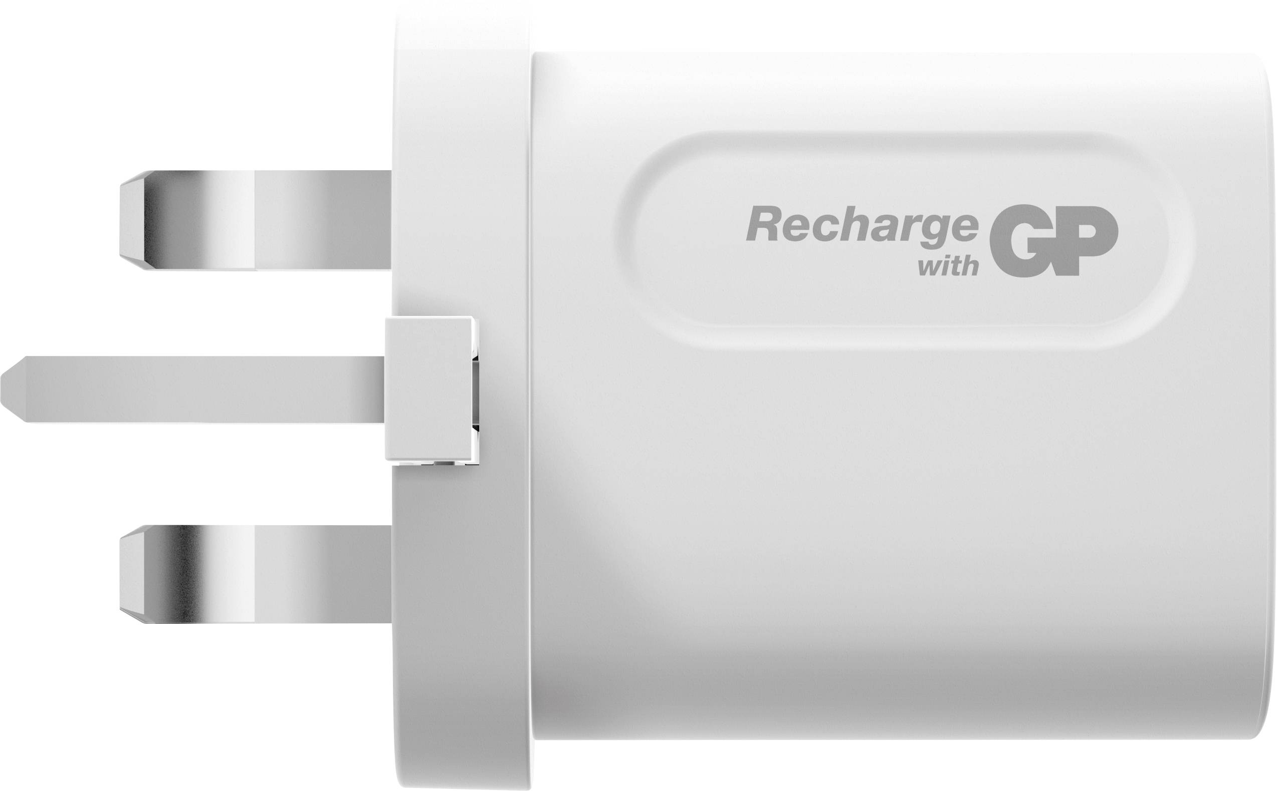 White charger with a three-pin plug and the text 'Recharge with GP' on the side.