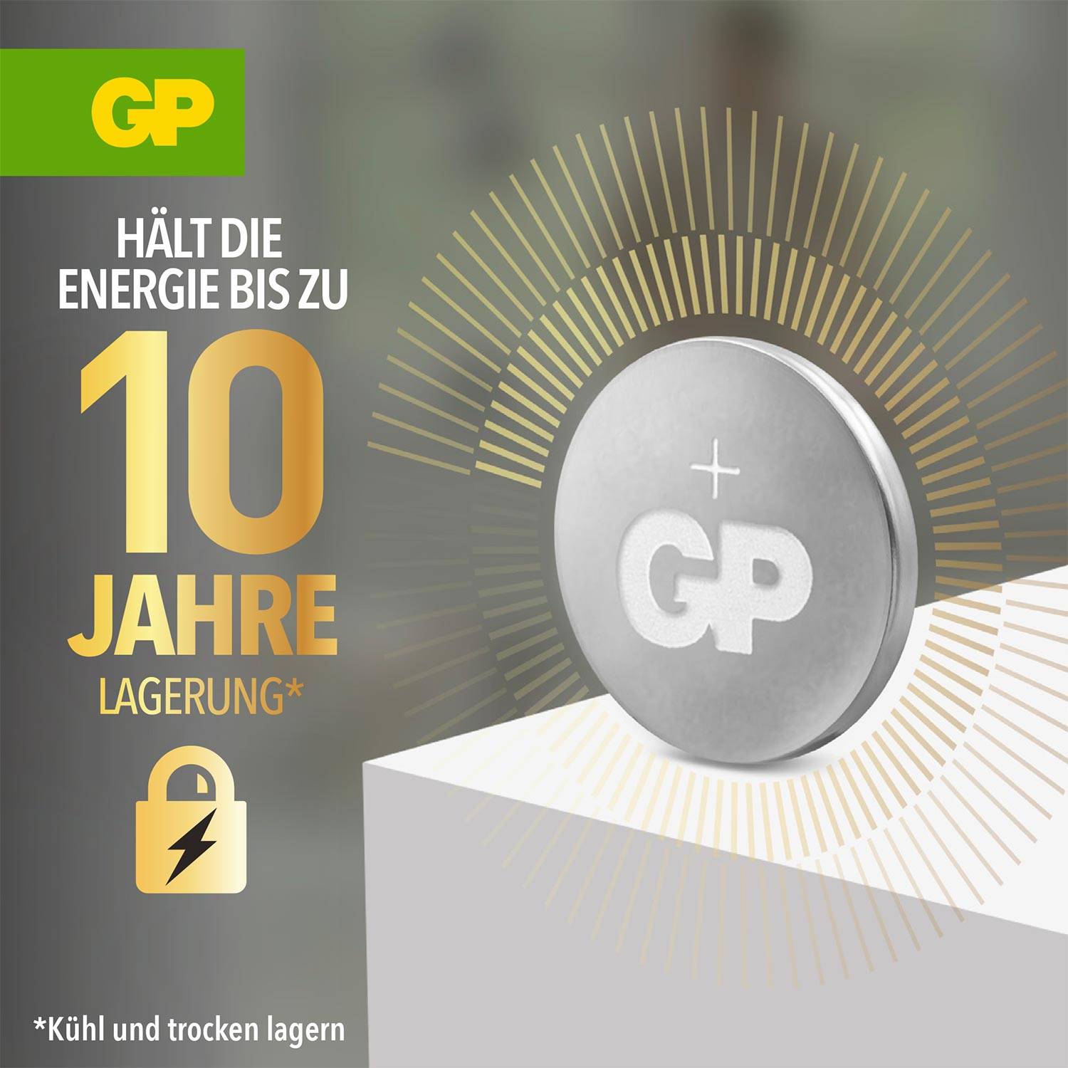 'GP Batteries maintain energy for up to 10 years of storage.' Graphic shows battery with symbols for storage and energy.