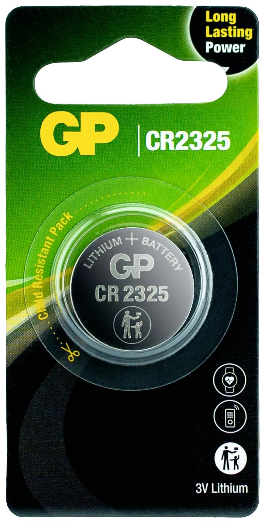 Packaging of a CR2325 Lithium battery by GP with 'Long Lasting Power', containing symbols for end devices and recycling information.