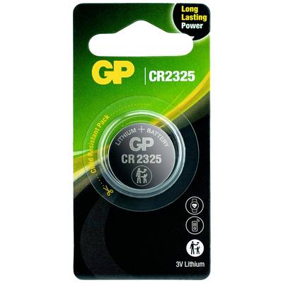 Packaging of a GP CR2325 3V lithium button cell with the notice 'Long Lasting Power' and '3V Lithium'.