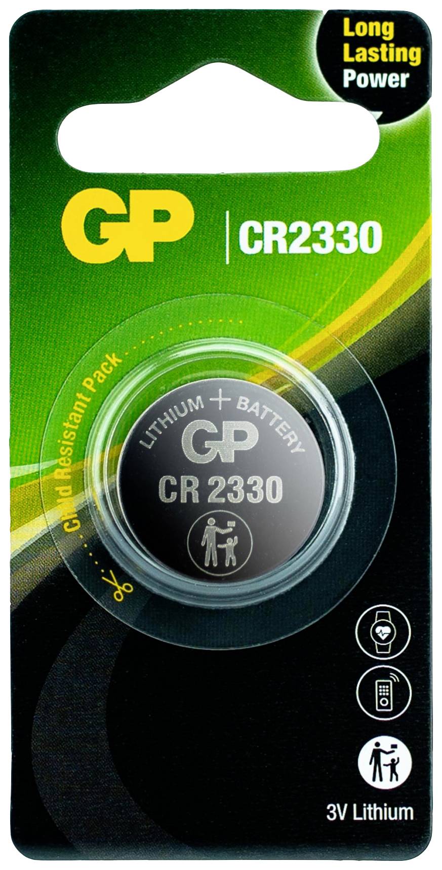Packaging of a GP CR2330 3V Lithium Button Cell with indication 'Long Lasting Power' and '3V Lithium'.