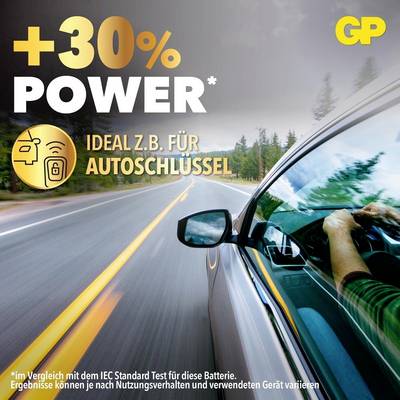 Advertising graphic for GP battery with '+30% POWER', ideal for example for car keys; shows moving car on road.