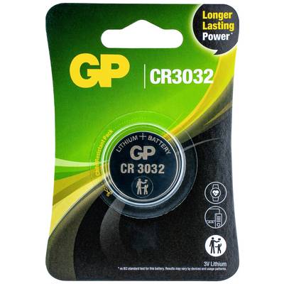 'GP CR3032 Lithium Battery' on packaging, with indications of longer battery life and 3V Lithium. Suitable for various devices.