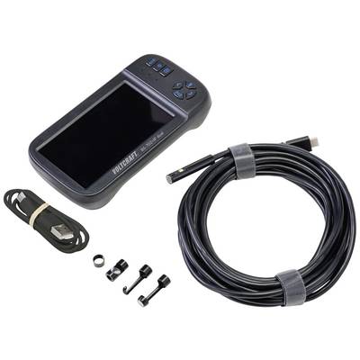 A handheld device with a screen, control buttons and a vertical cable with a camera attachment. Accessories, such as a USB cable and hook, are included.