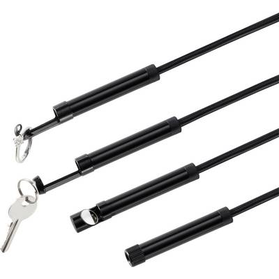 Four black security bolts in different configurations, two with keys. They are used for secure locking.