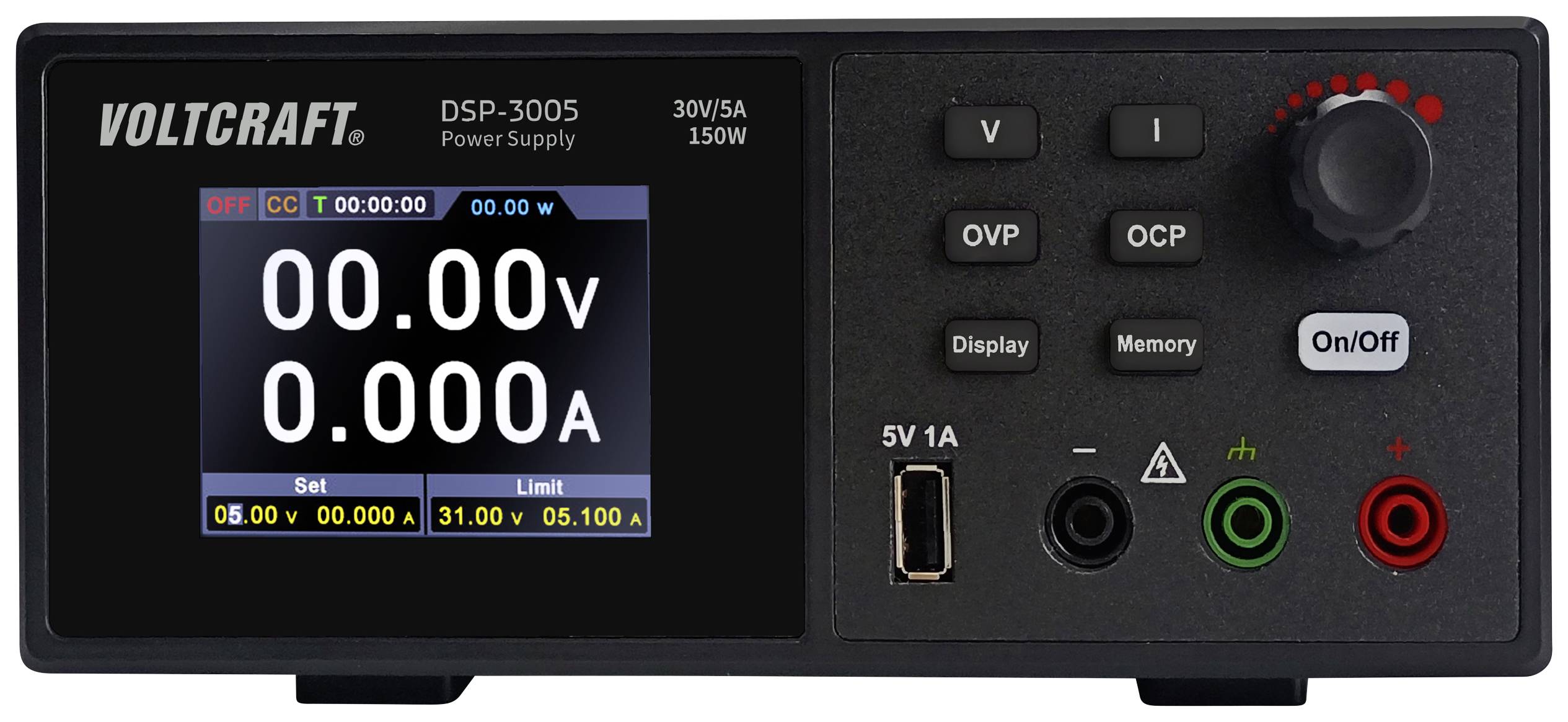 A digital laboratory power supply with display and controls. Display showing voltage and current. Brand name 'Voltcraft DSP-3005'.