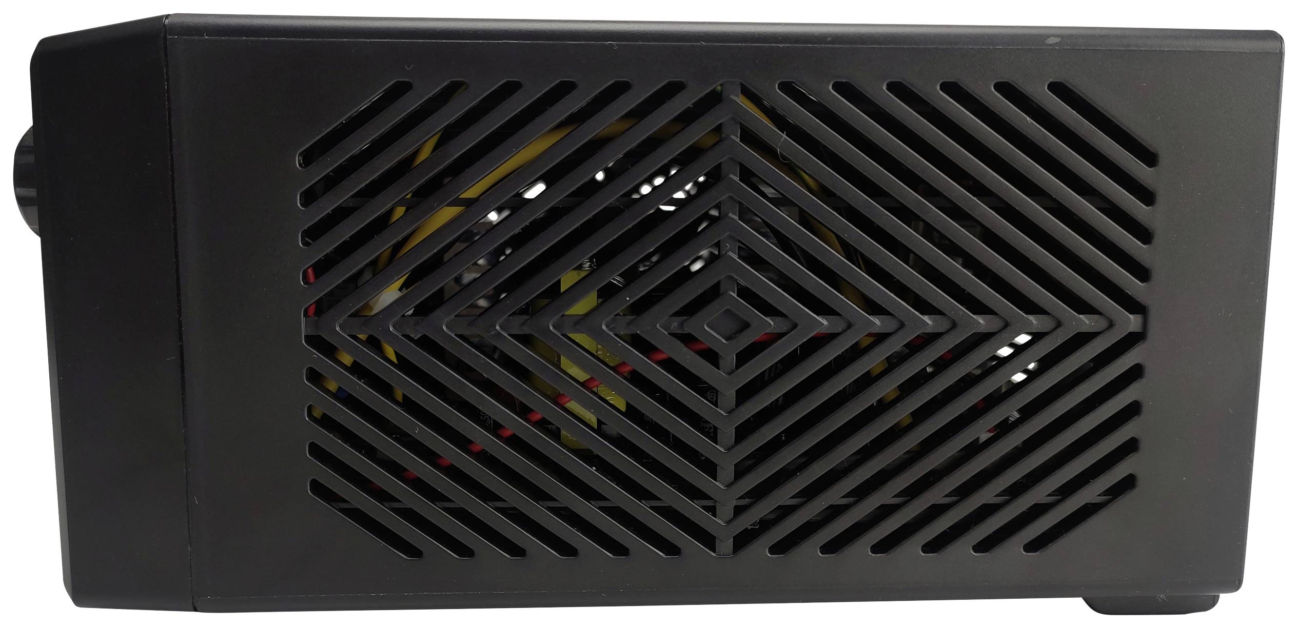 Black, rectangular device with a side ventilation grille, behind which internal components are visible. The purpose and context of the device are not discernible.