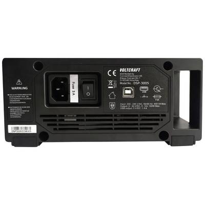 'Voltcraft DSP-3005', a power supply unit. Rear view shows the on/off button, fuse, nameplate, and a warning message in German.