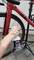 A hand sprays the red bicycle with a Ballistol cleaner. The bicycle is standing on a stand in front of a garage door.