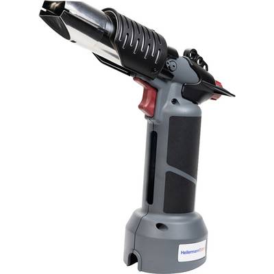 A grey hot air heat gun with a red trigger and black handle, useful for plastic processing. Protects against overheating.