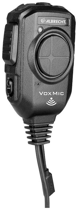 'Handheld microphone in black design with cable. The 'ALBRECHT' logo at the top, side control buttons, and connection at the bottom.'