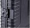 Hard-shell suitcase in close-up with focus on the locking mechanism, showing the robust construction and surface texture.
