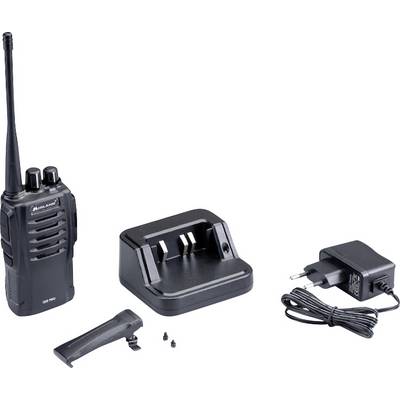 Radio transceiver with antenna, charger, belt clip and power supply. Suitable for communication over short distances.