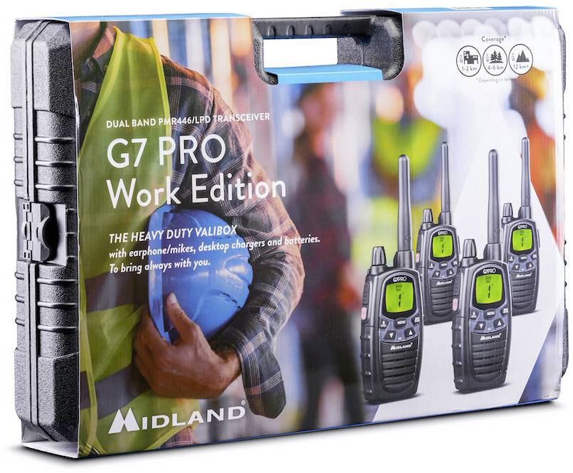 'Midland G7 PRO Work Edition', a set of four two-way radios in a robust case. Designed for professional use. Background shows blurred workers.