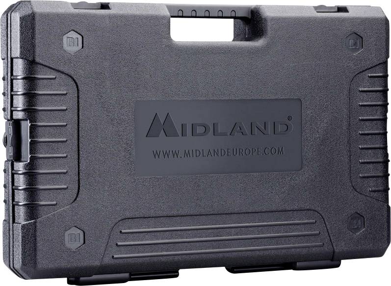 Black hard plastic case with the print 'MIDLAND' and the website 'WWW.MIDLANDEUROPE.COM' on the front.