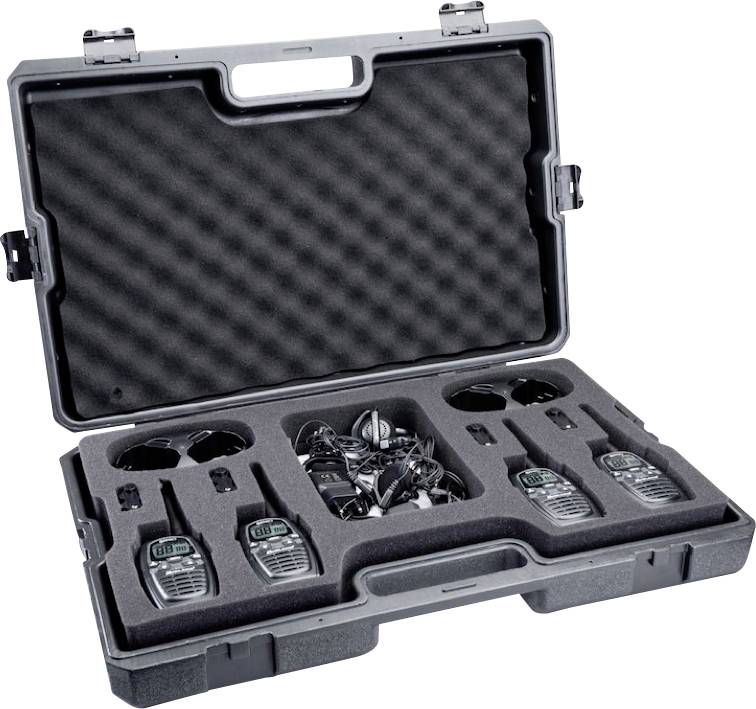 'Open transport case with four radio units and headphones, securely packed in foam inserts.'
