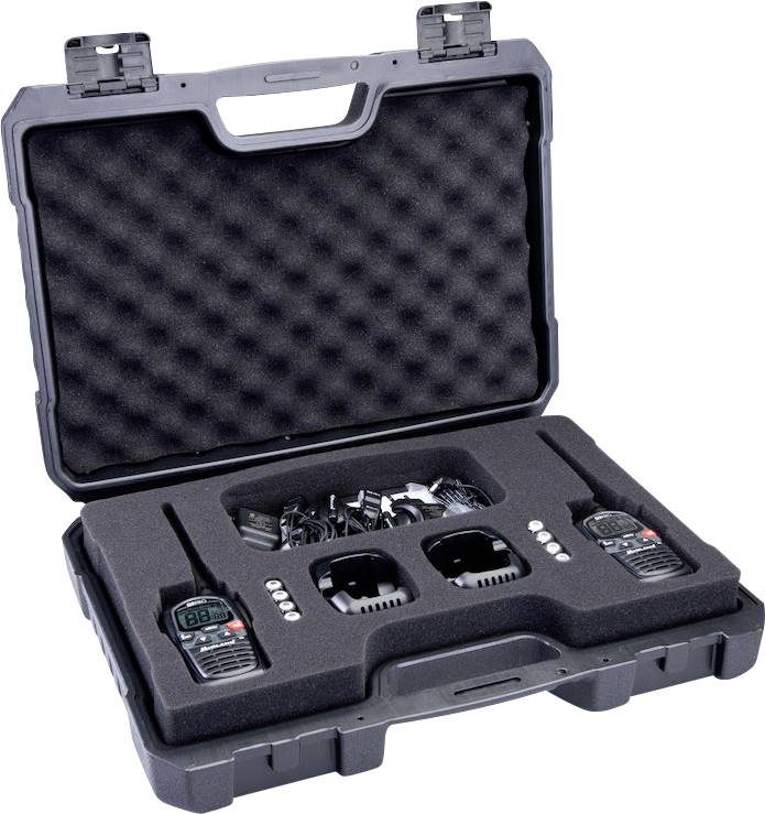 An open black suitcase contains two two-way radios with additional batteries and chargers. The case has foam inserts for secure storage.